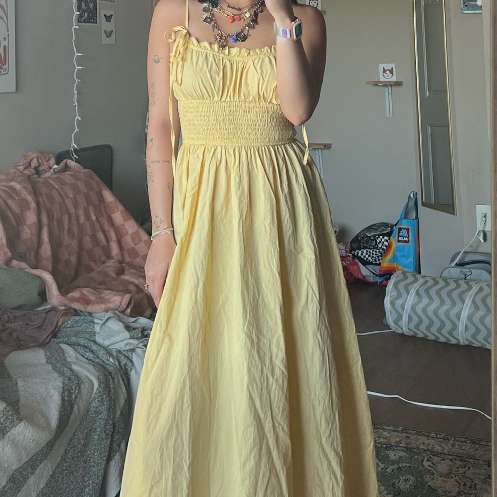 Yellow Smocked Spaghetti Strap Sundress